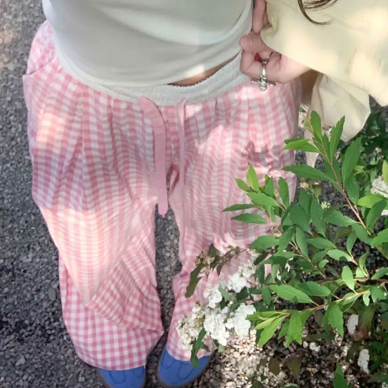 Inchioh - High Rise Gingham Wide Leg Pants