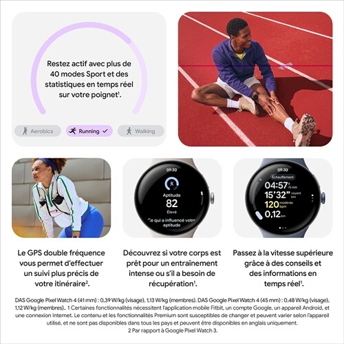 Montre connectée Google Pixel Watch 4 45 mm Bluetooth Argent Poli avec bracelet sport fluoroélastomère Porcelaine