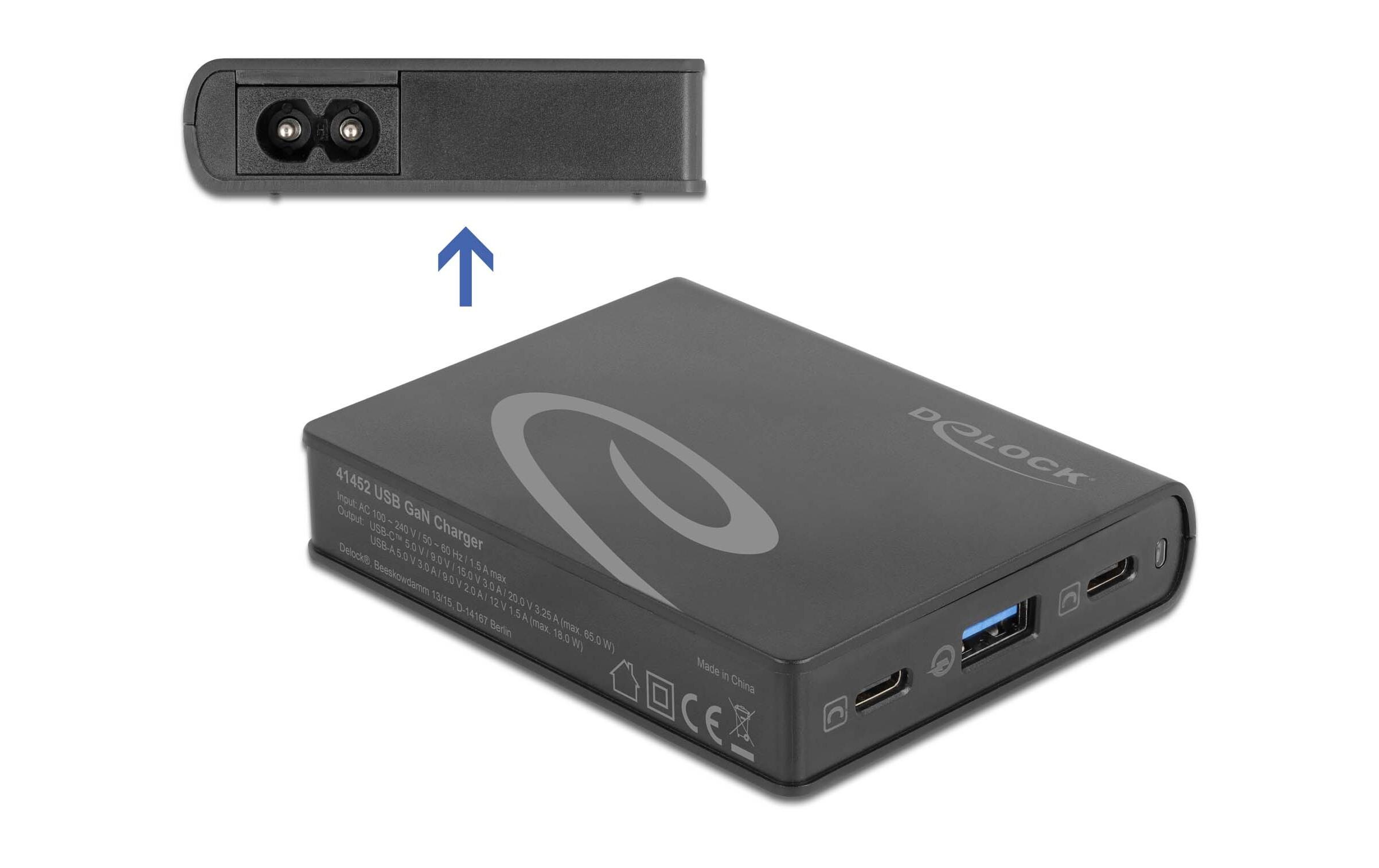 USB-Wandladegerät 2x USB-C Power Delivery, 1x USB-A, 65WDelock USB GaN Ladegerät 2 x USB Type-C PD 3.0 + 1 x USB Typ-A mit 65 W