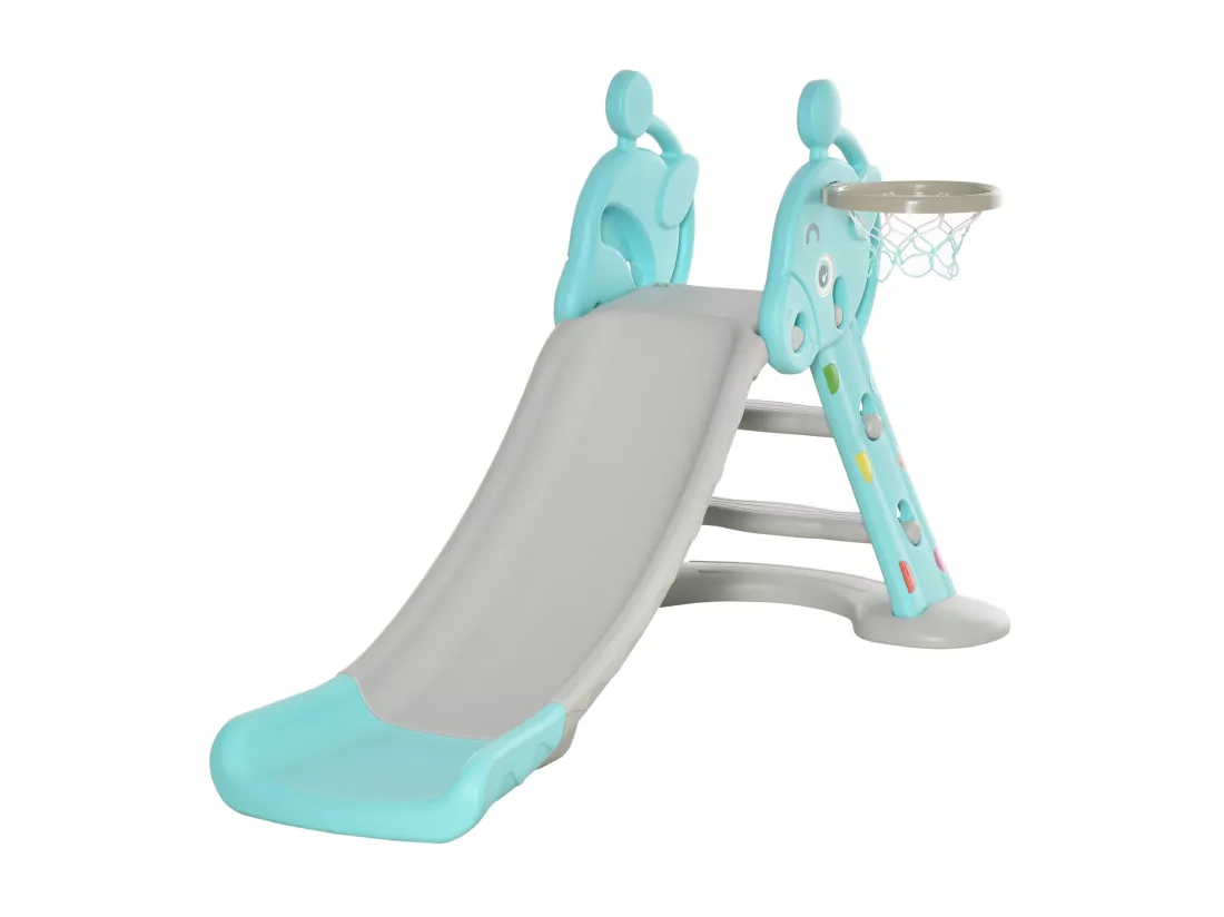 Toboggan enfant avec panier de basket-ball usage intérieur et extérieur dim. 140 x 87 x 75 cm bleu et gris