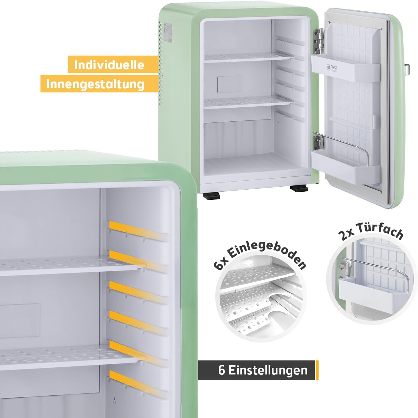 TZS First Austria - Retro Mini Kühlschrank 40L lautlos - Kleiner Minikühlschrank im Vintage-Design mit Innenbeleuchtung & 2 Türfächern - Minibar für Camping, Büro, Schlafzimmer & Hotel - mint