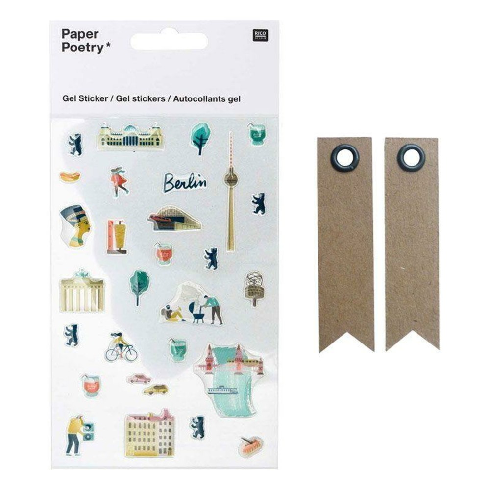 Stickers gel transparent cities berlin + 20 étiquettes kraft fanion