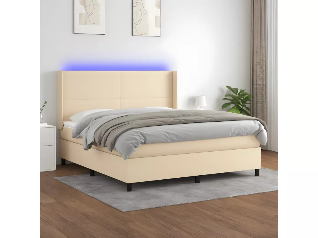 Sommier tapissier avec matelas et LED Crème 160x200 cm Tissu