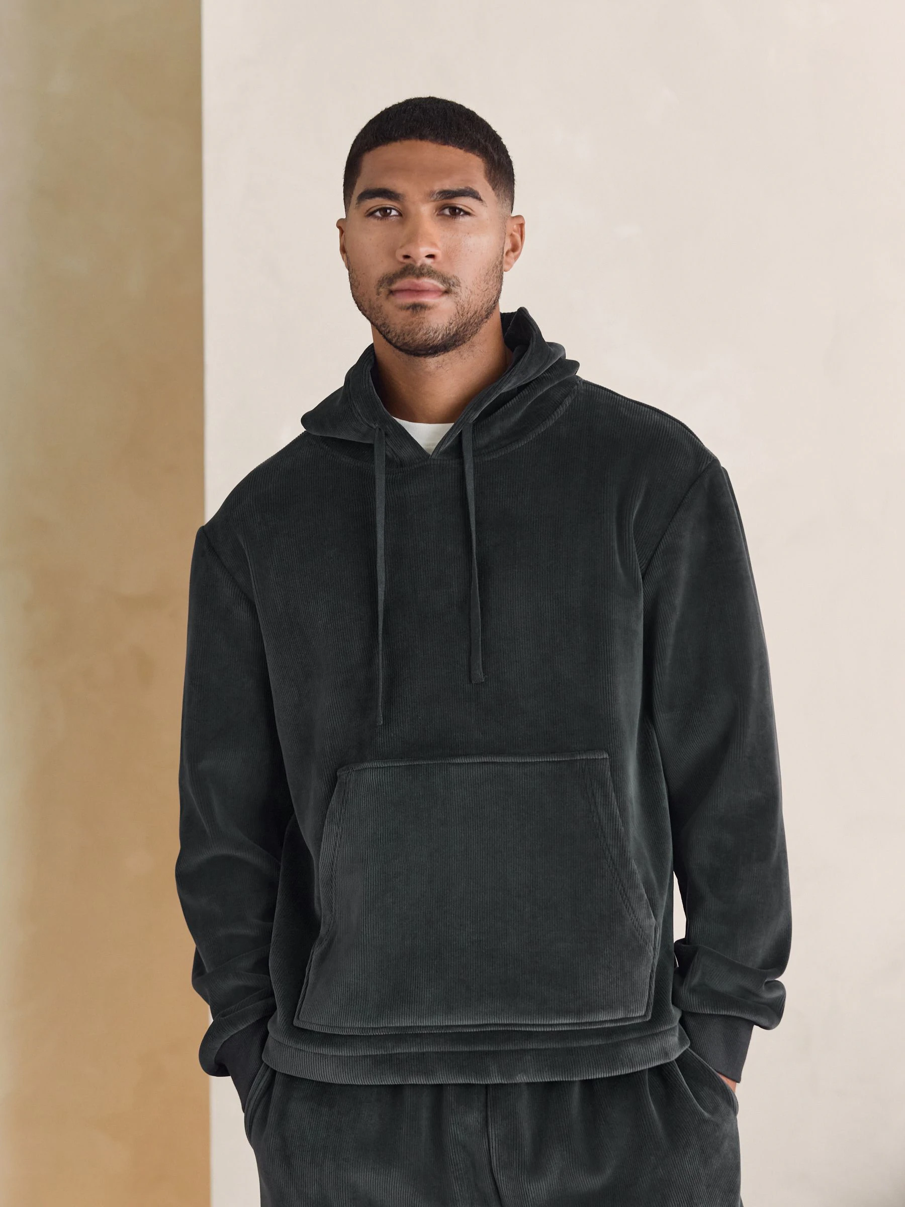 Antraciet - Jersey Textured Ribbed Hoodie