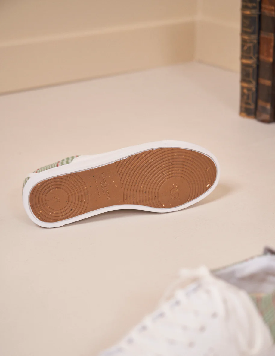 Baskets basses Renée - Cuir blanc et tartan vert