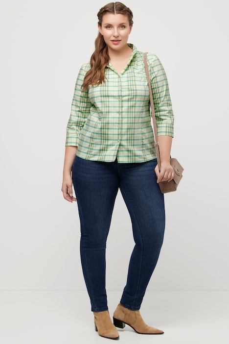 Bluse, Karo, Slim, Kelchkragen, V-Ausschnitt, 3/4-Arm