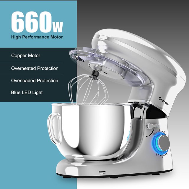Batedeira de pedestal Costway de 6 velocidades, 660 W, com gancho para massa e batedor de arame, 6,3 qt (6,3 litros), branca.