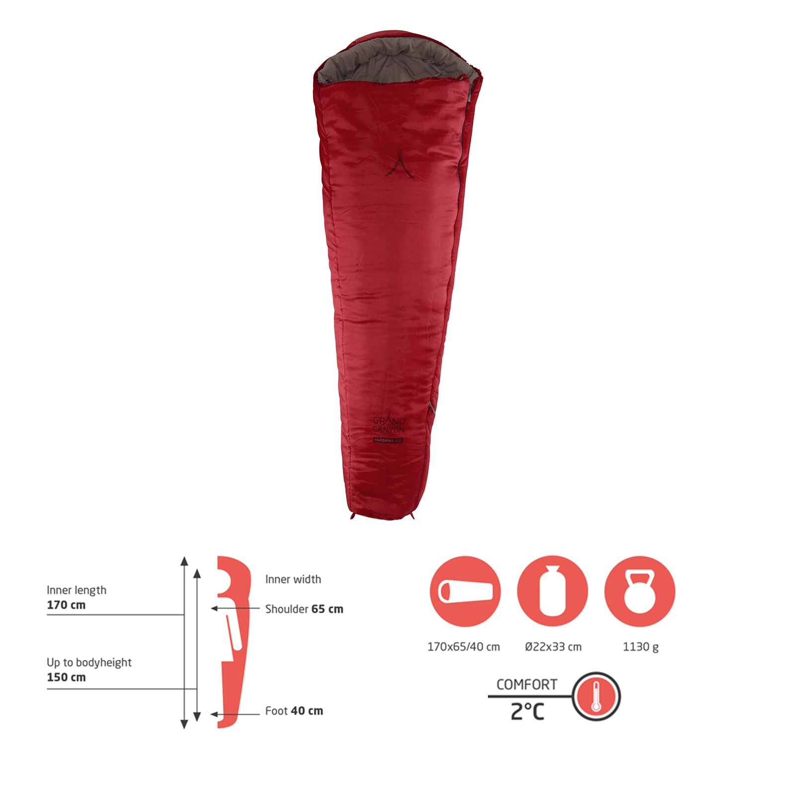 GRAND CANYON Kinderschlafsack Fairbanks 150 Kids Mumien Jugend Schlafsack +2°C Farbe: Red Dahlia
