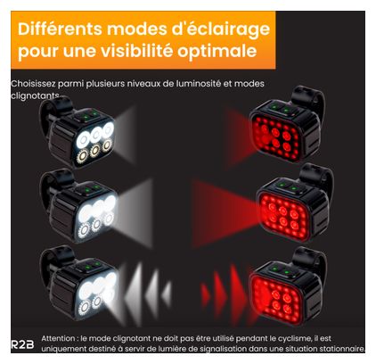 Paire d'Eclairages R2B Eclairage Vélo Avant et Arrière Rechargeables USB-C Blanc et Rouge
