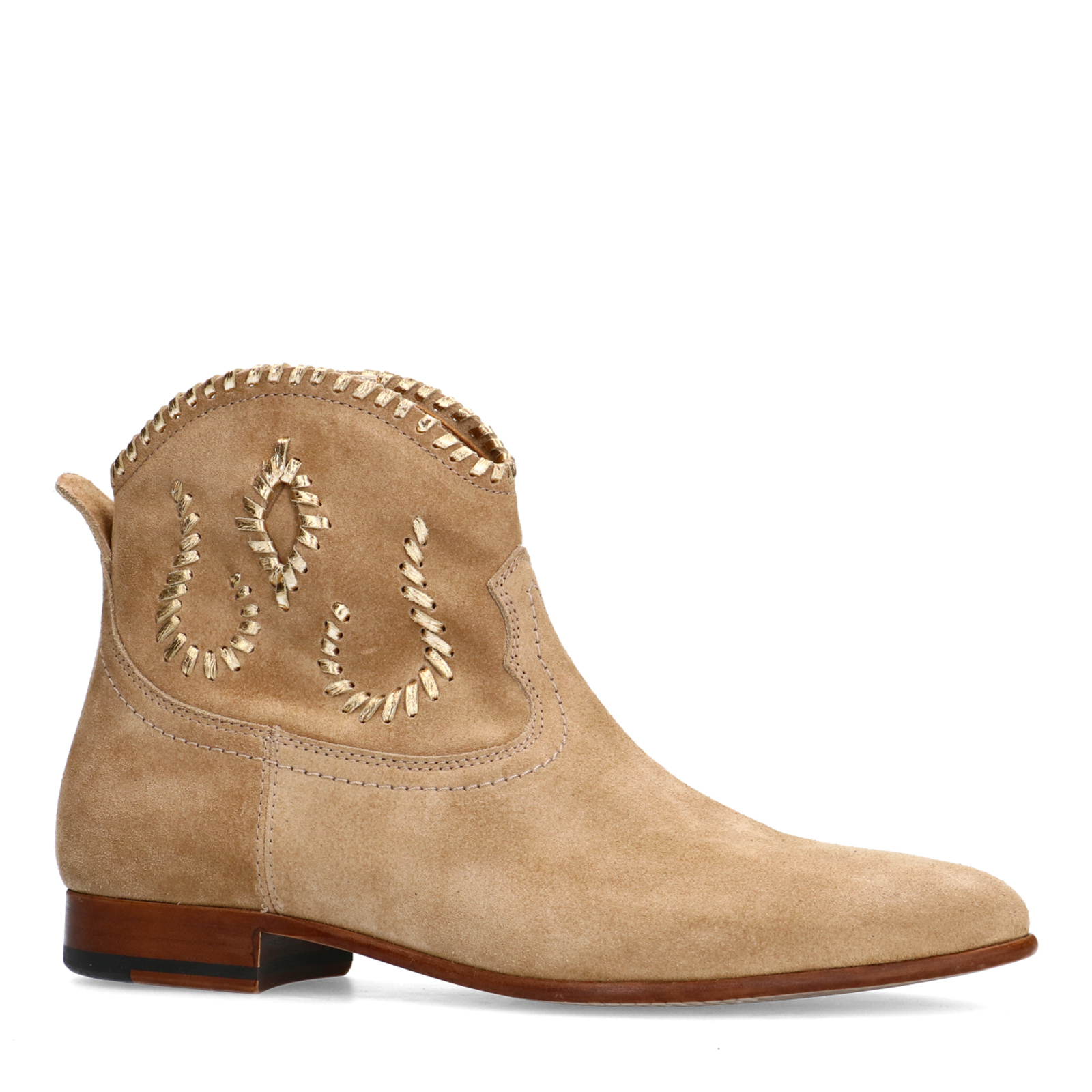 Beige suède enkellaarsjes met gouden details