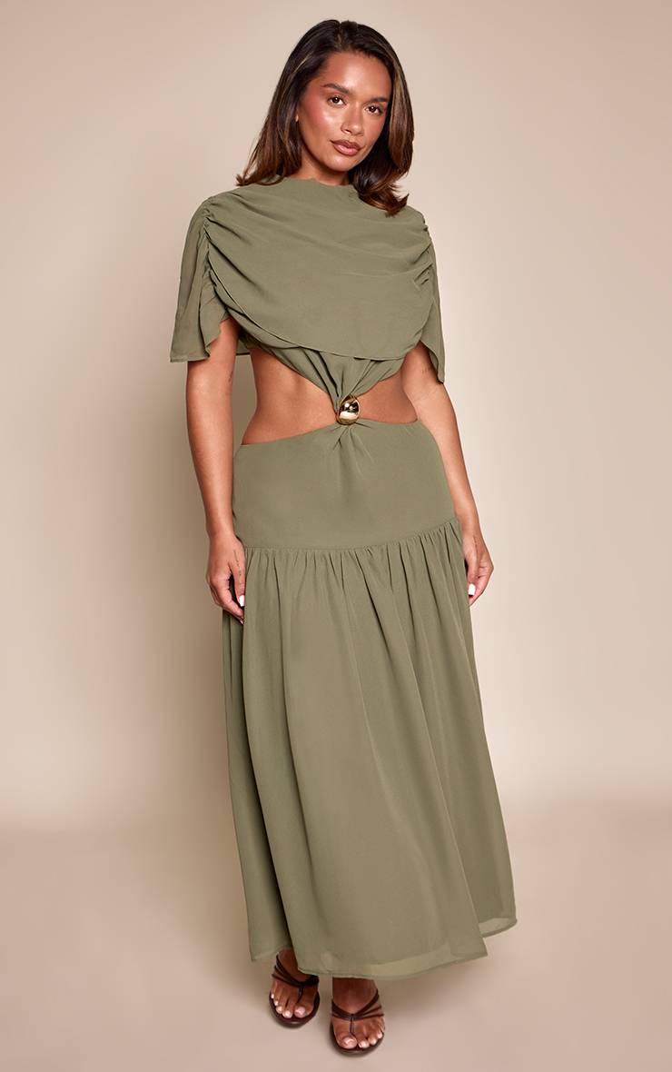 Vert Olive Robe Maxi Moulante Avec Détails De Découpes Et Finitions