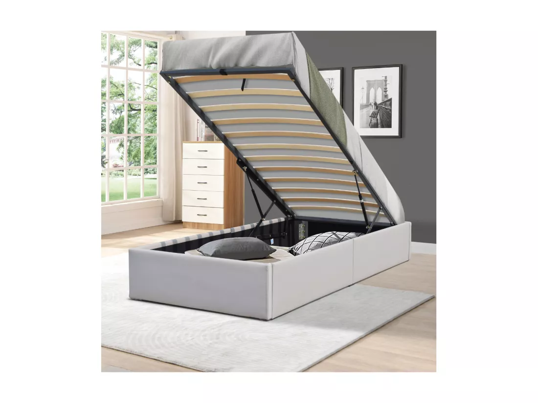 Lit Coffre Gris Loris 90x190 aux Pieds - Montage Facile et Entretien Simple Simili PVC