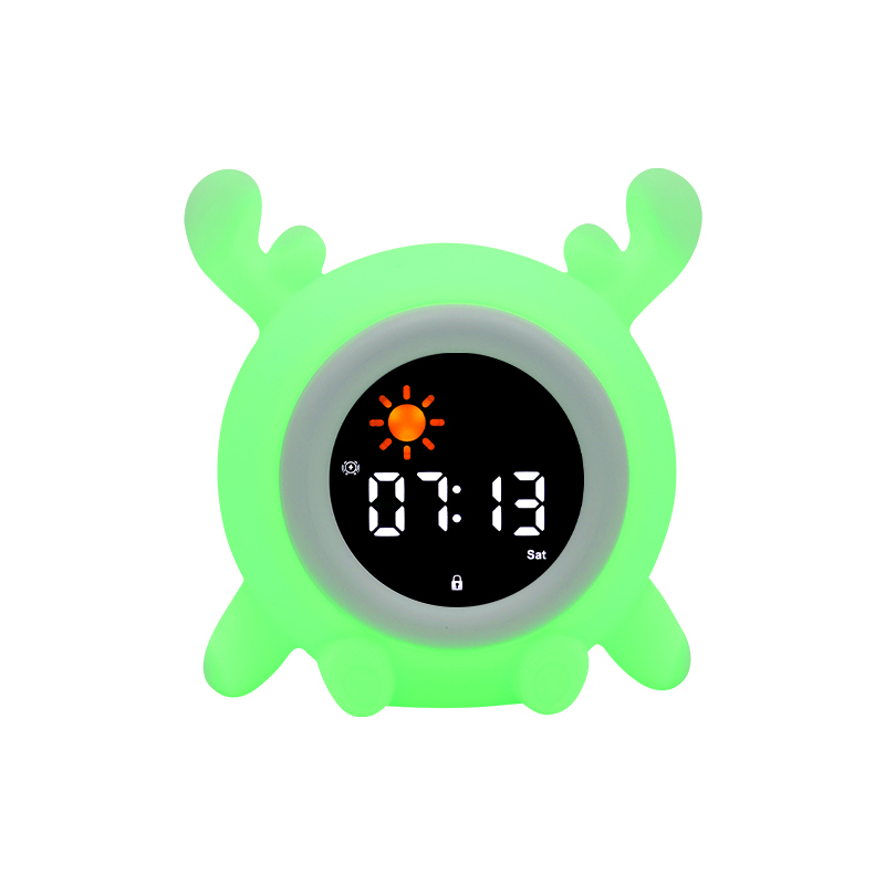 (13x12cm) 3in1 Silikon Wecker Kinder LED Nachtlicht mit Touch Funktion Schlaf Trainer Uhr mit Sonne / Mond - Hirsch