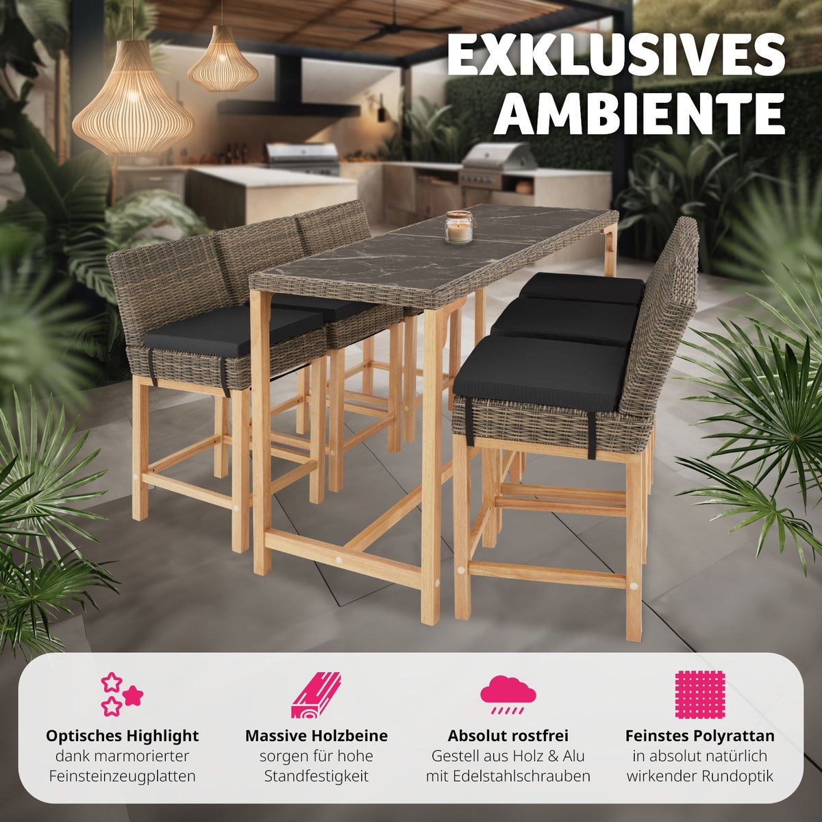 Rotan tafel tectake Lovas met aluminium en houten frame 161 x 64,5 x 99,5 cm
