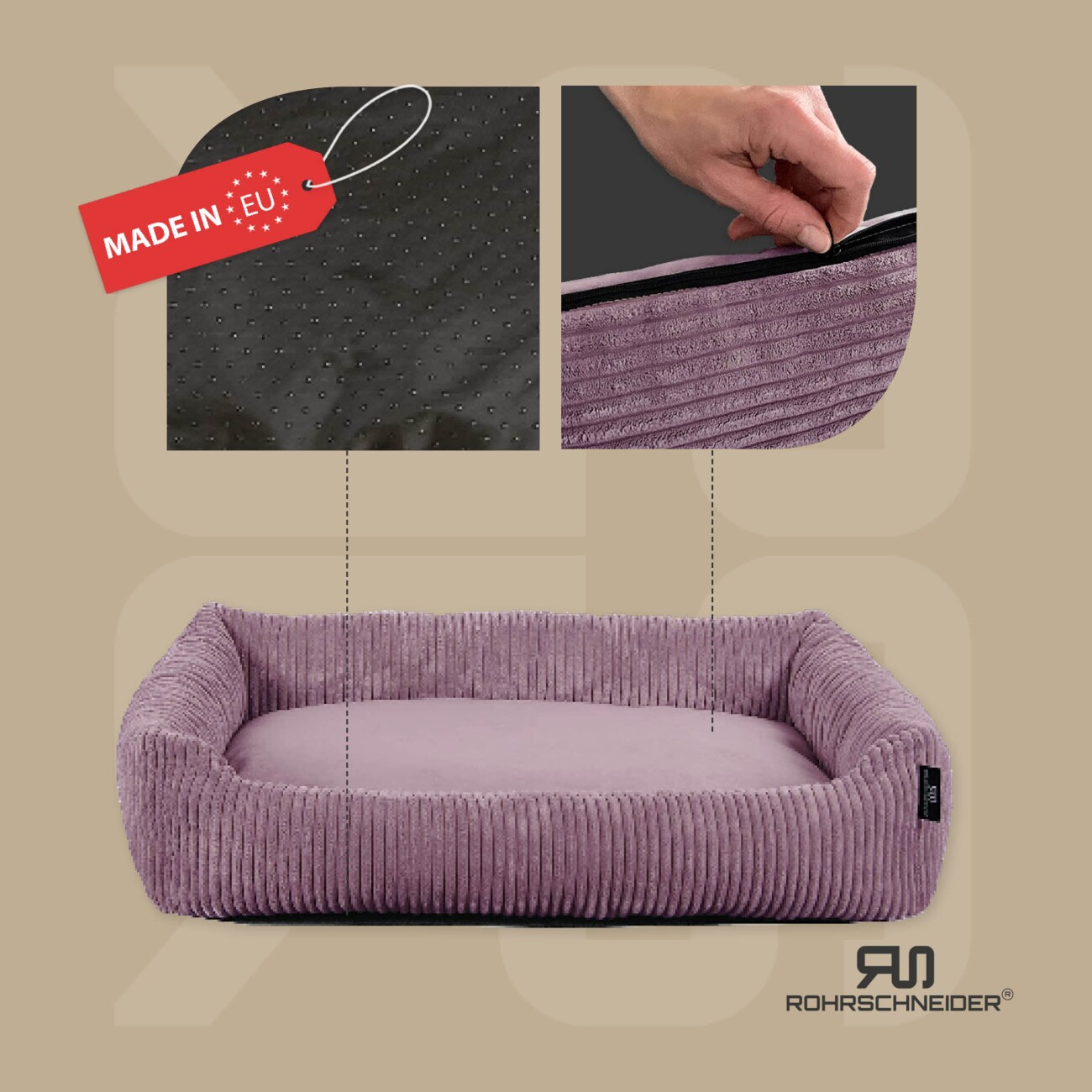 Rohrschneider Hundebett waschbar, robuster Breit-Cordstoff mit Gratis-Beigabe