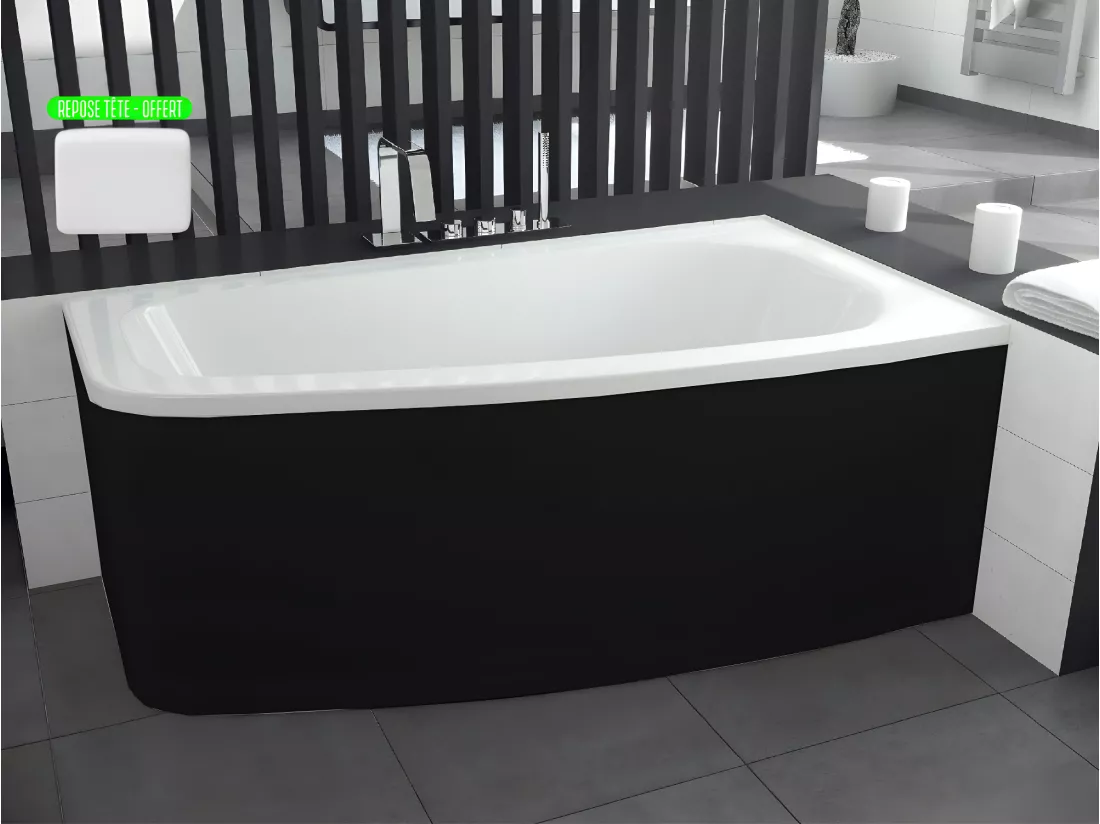 Baignoire asymétrique + tablier noir + repose tête - LUNA - 150 x 80 cm - Droite