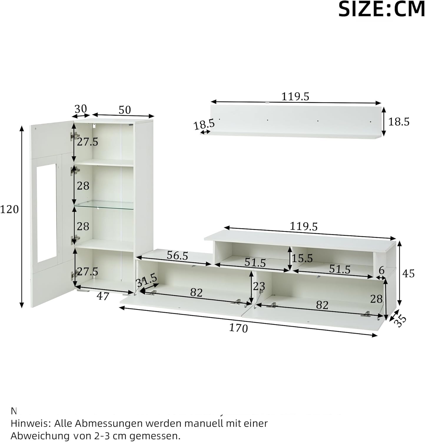 Kebnor TV Wohnwand Set 3-teilig LED Beleuchtung Hochglanz Wohnzimmer Möbel Set Frontale Wohnwand 1*TV Schrank, 1 *Wohnzimmer Vitrine,1 x Hängeregal, TV bis 75' (Weiß 1)
