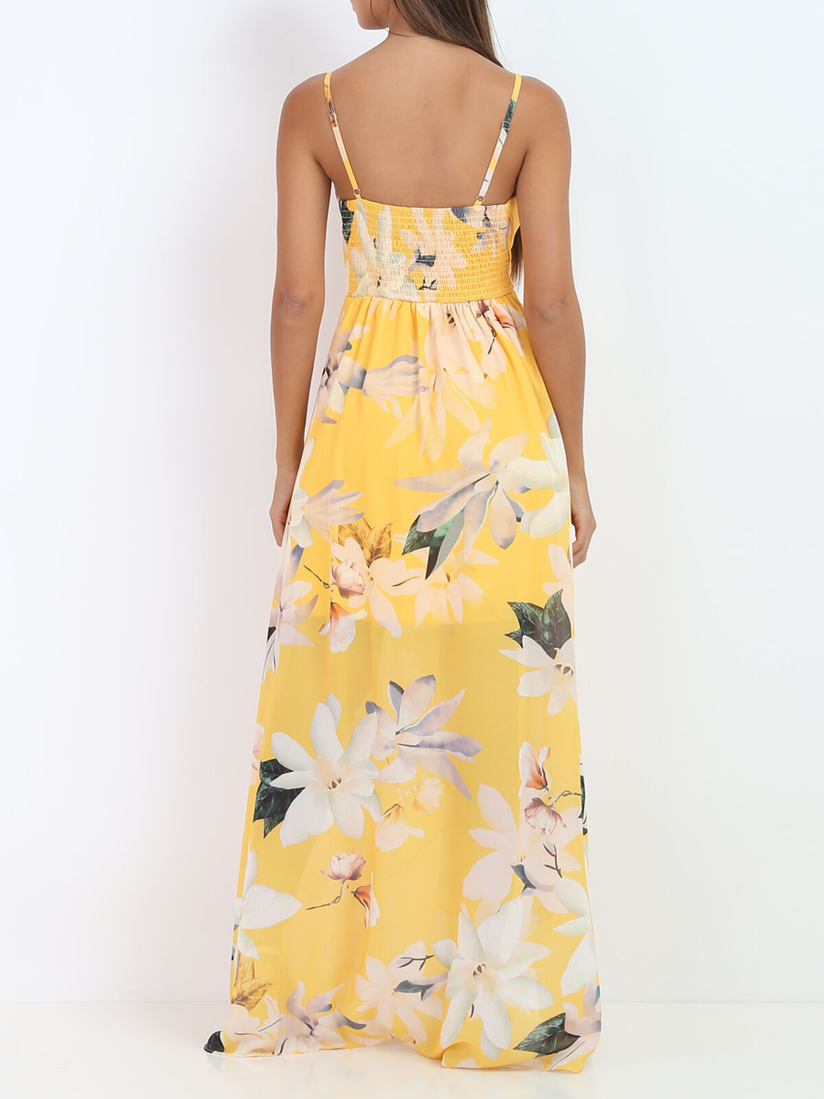 Robe longue fendue asymétrique à fleurs- Jaune