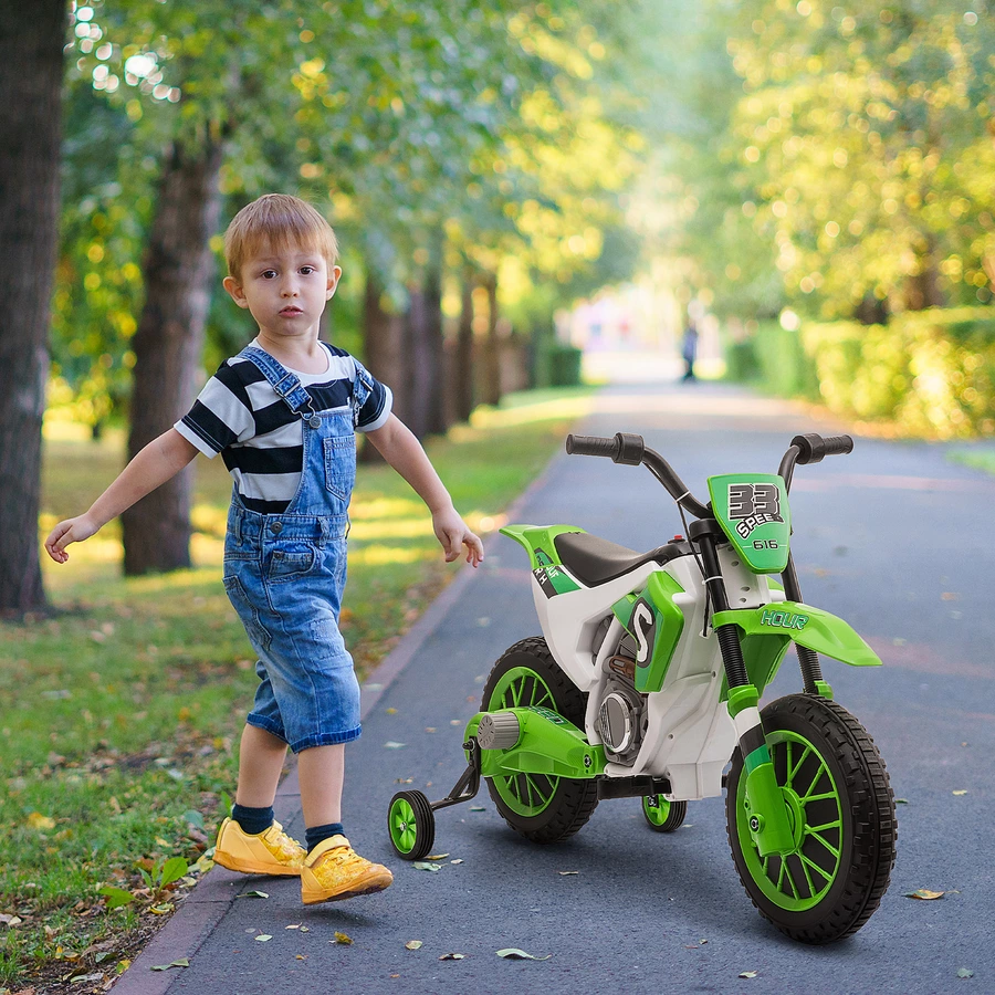 HOMCOM Kinder Elektromotorrad mit 2 abnehmbaren Stützrädern grün