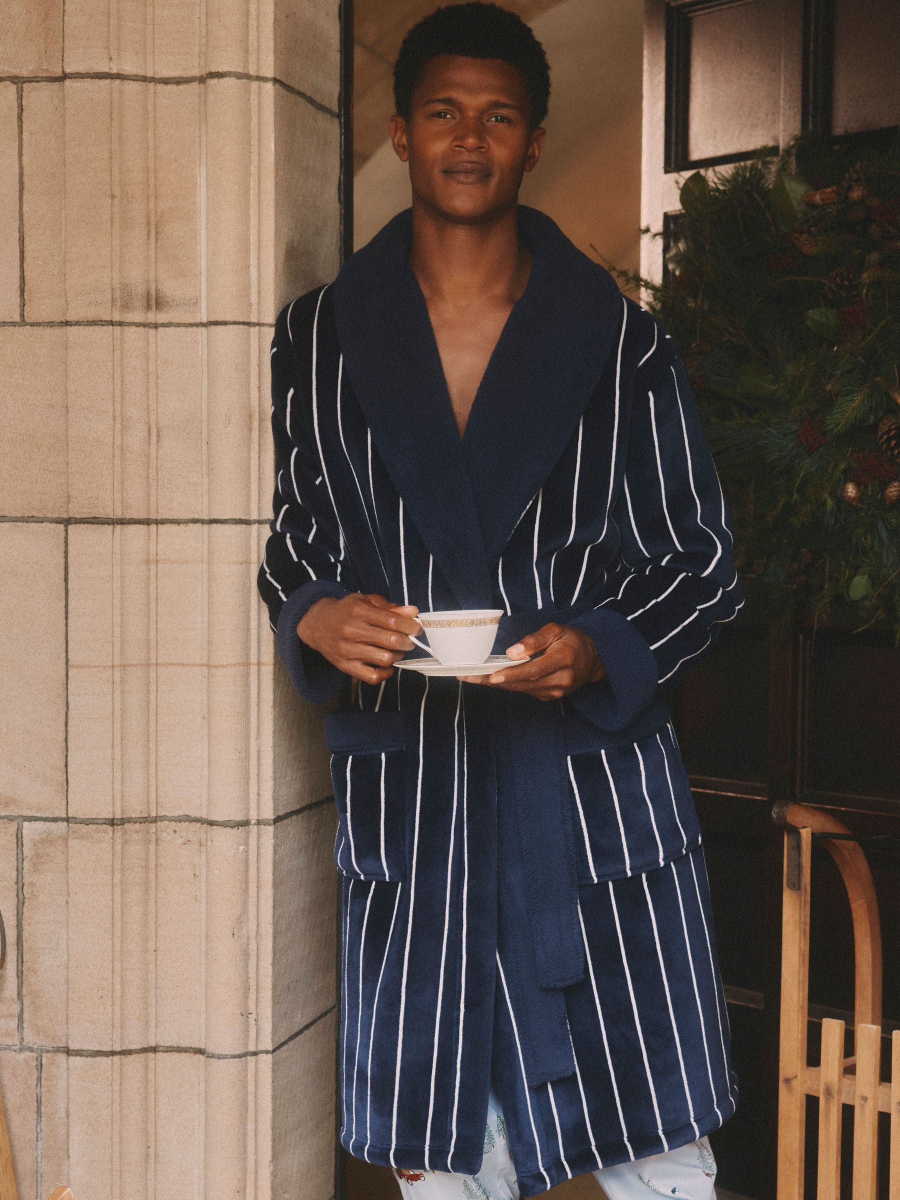 Marineblauw - Joules Montague Fleece Dressing Gown