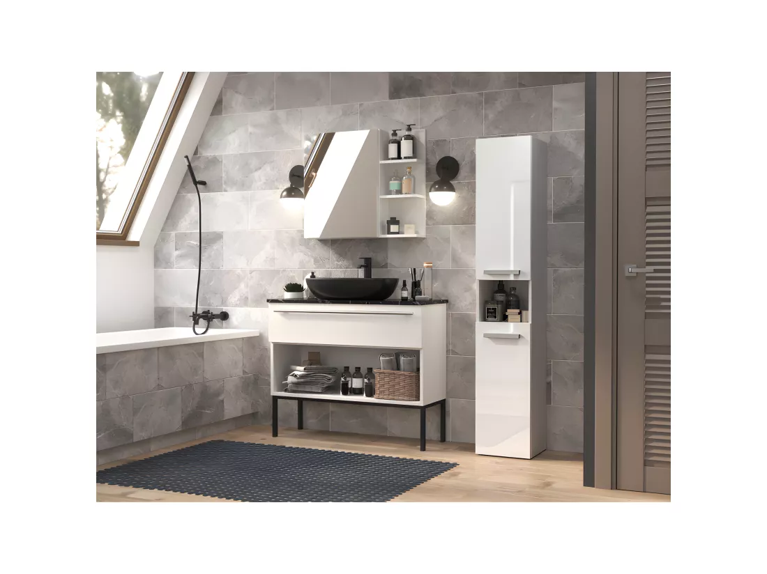 HORTI - Meuble salle de bain avec panier à linge - 31x30x174cm - Colonne rangement SDB