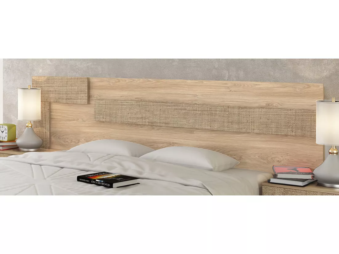 Tête de lit + 2 tables de chevet coloris chêne cambrian, effet textile