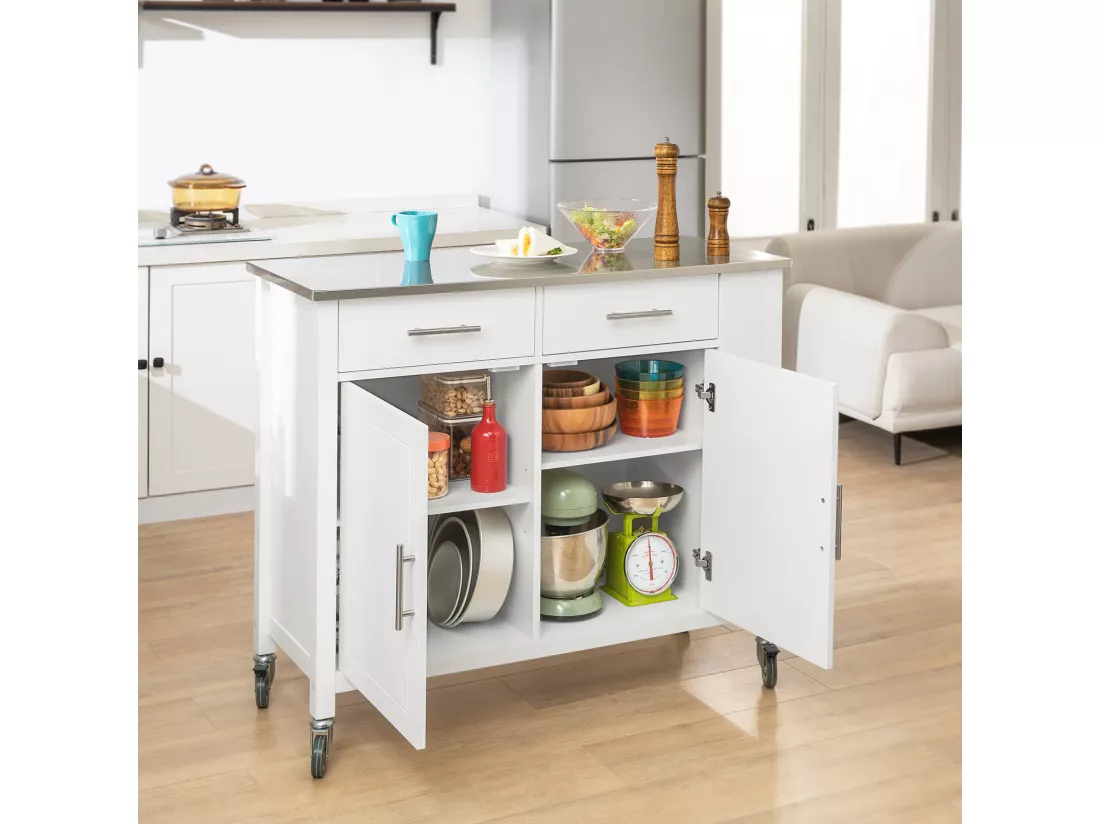 Desserte Roulante Chariot De Cuisine Avec Etagère Latérale, Portes Et Tiroirs, Fkw108-w