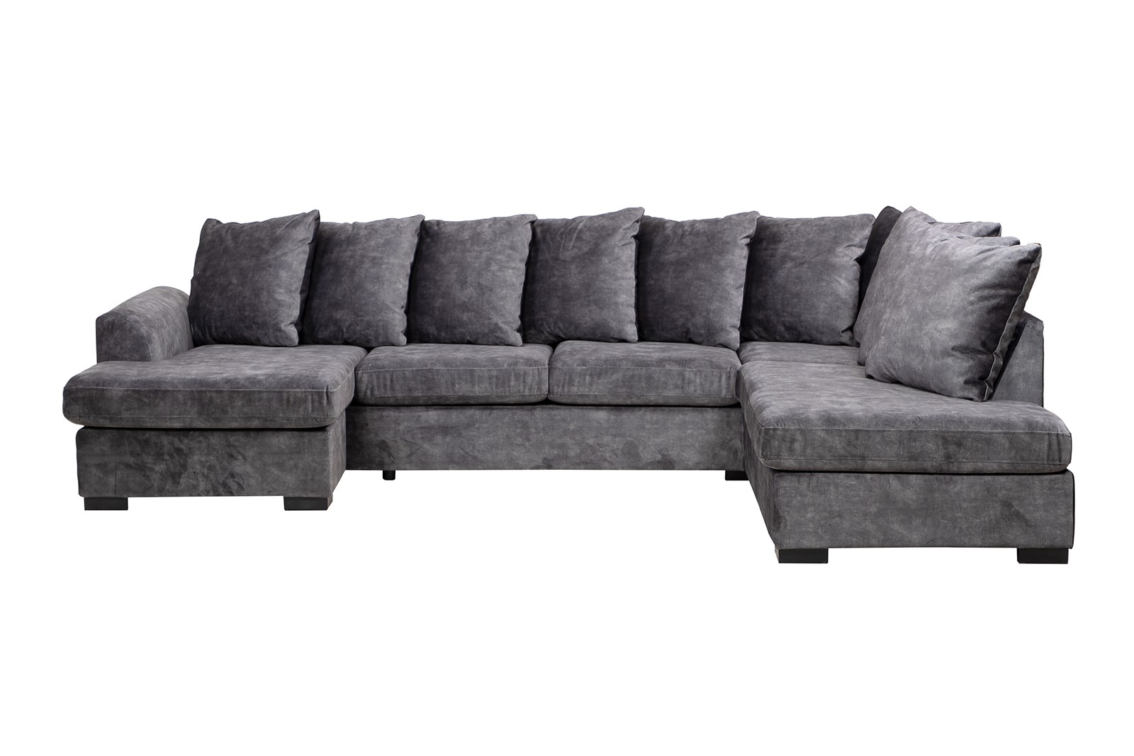 Boston hjørnesofa Åpen ende høyre med 2-seter og sjeselong venstre. i velurtekstil Fuji Antrasitt og sorte ben.