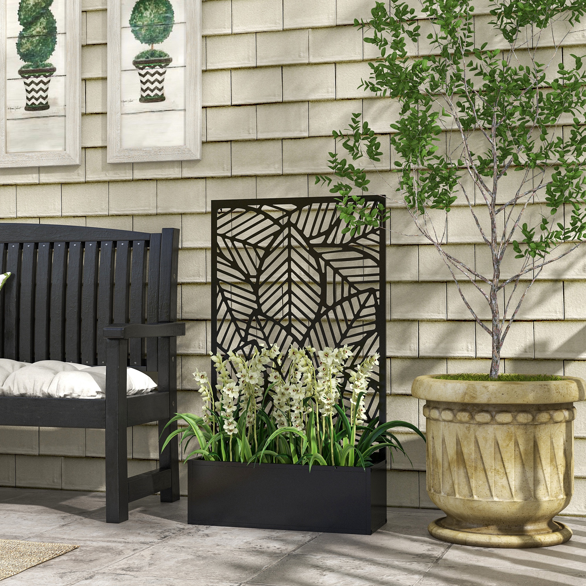 Vaso de metal Outsunny com tela, para parede ou chão, ideal para cultivo de plantas e flores, ou para decorar terraços, jardins e residências. Dimensões: 61 x 23 x 113 cm. Cor: Preto.