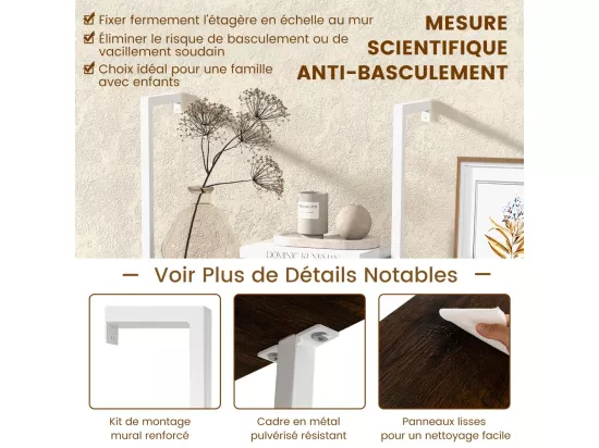 Étagère Échelle Bibliothèque à 5 Niveaux avec Cadre Métallique, Étagère Murale à 5 Niveaux 60x30x180CM (Marron + Blanc)
