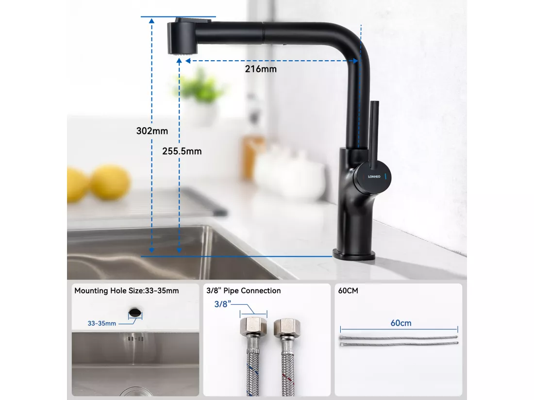 Mitigeur Cuisine Noir avec Douchette Extensible,Robinet Cuisine avec 2 Jets,Mitigeur Evier Rotatif à 360°,Robinet Evier Eau Chaude et Froide