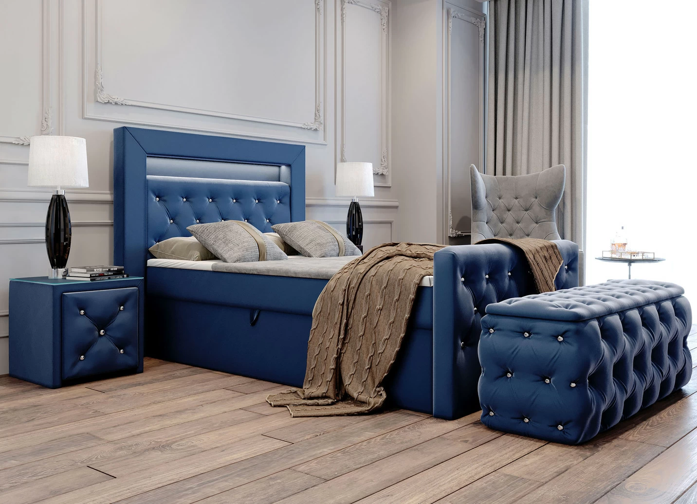 Boxspringbett mit LED-Beleuchtung, Topper und Nachttisch