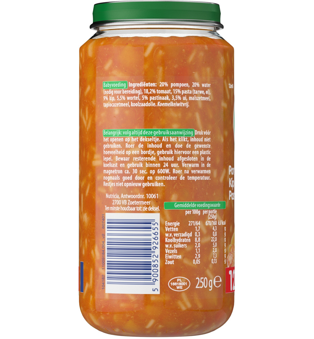 Olvarit Pompoen kip pasta 12M06 (250 gr)