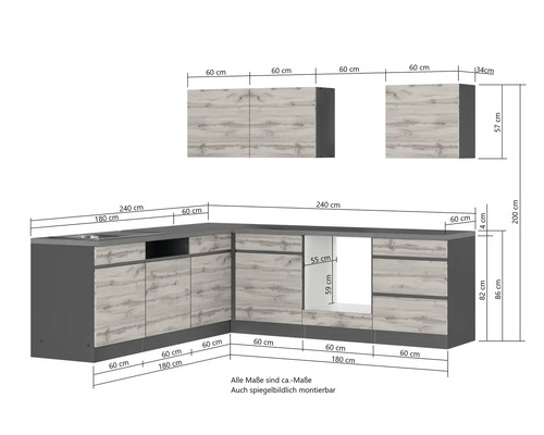 Held Furniture hoekkeuken zonder apparatuur PISA 240 cm grijs mat gedemonteerd omkeerbaar uitvoering 1112.6311