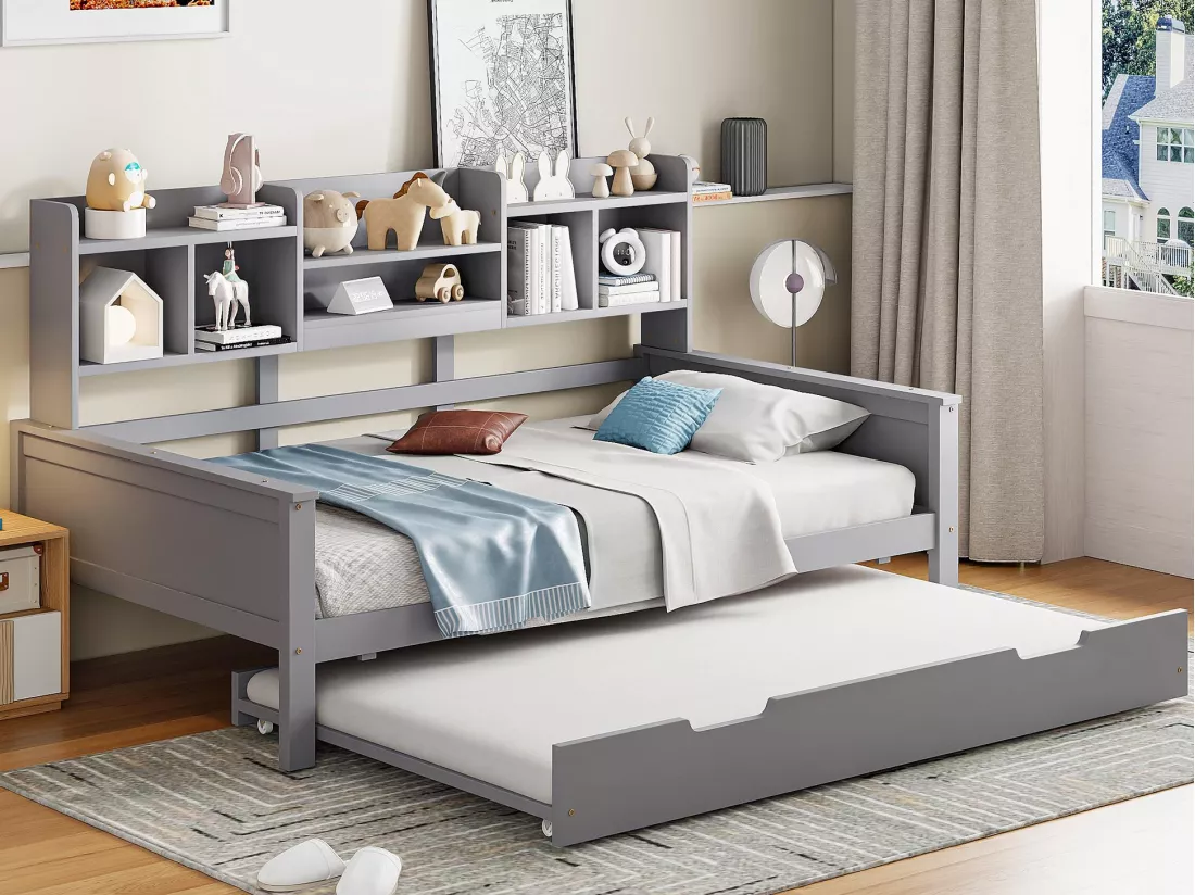 Canapé-lit gigogne 90x200 cm - Lit gigogne 90x190 cm - avec rangement - sommier à lattes - pin multi - gris (matelas non inclus)
