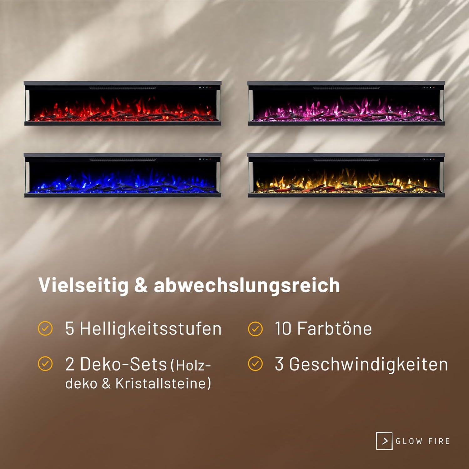 GLOW FIRE Elektrokamin Insert 152 mit realistischem 3D LED-Feuer - Wand-Elektrokamin mit Heizung und Kaminfeuer, App Steuerung, Knistereffekt & Timer, max. 1800 W, 152x35x19cm