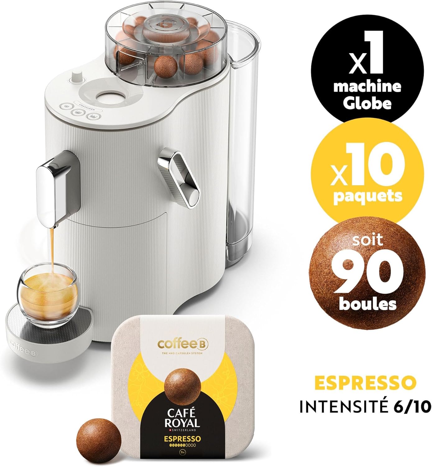 CoffeeB Kaffeemaschine Globe weiß 1,3 l by Café Royal + 90 Coffee Balls Espresso – 100% kompostierbar