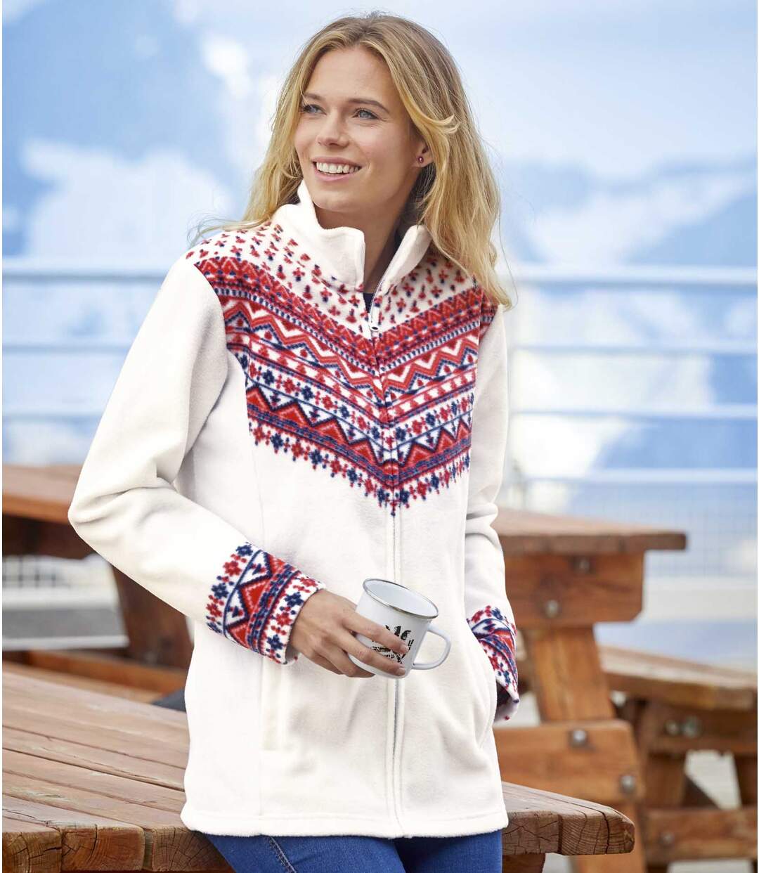Veste Polaire Blanche Motifs Aztèques