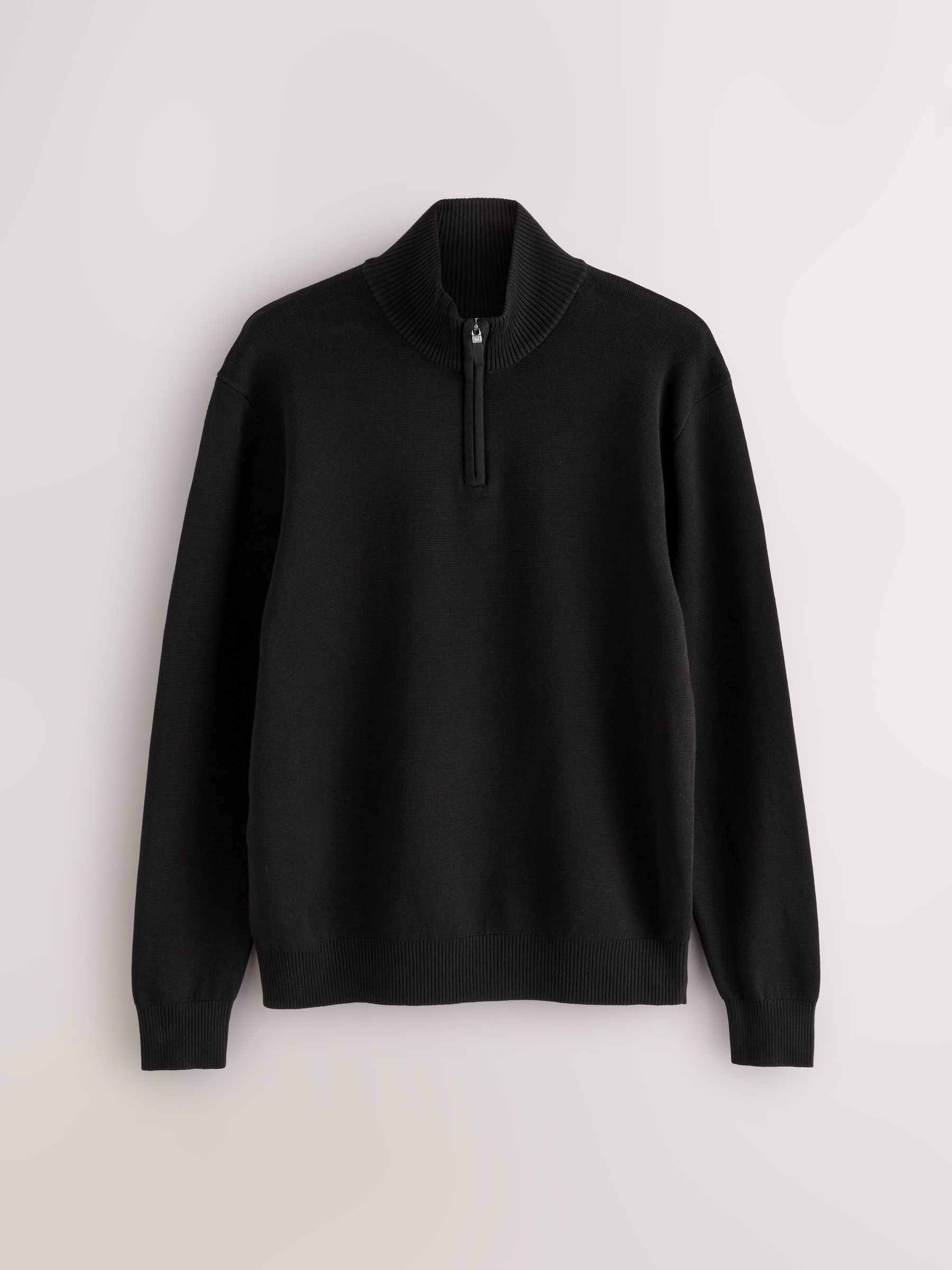 Zwart - Effen - Regular fit 100% katoenen premium trui met korte rits