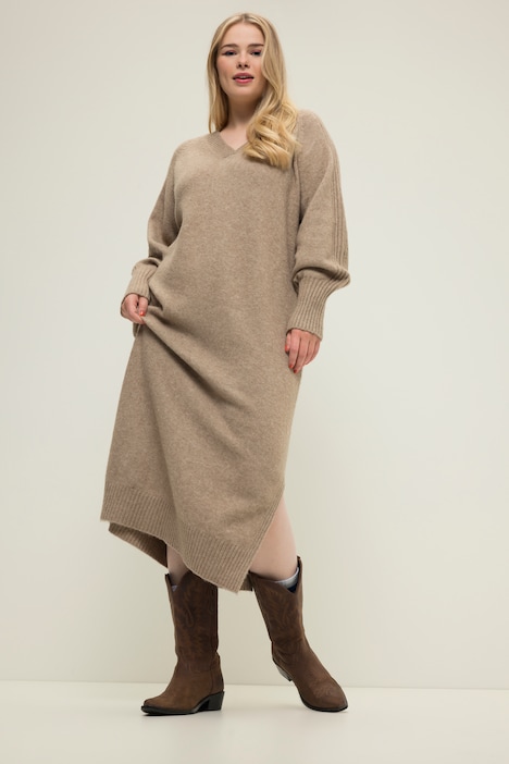 Strick-Maxikleid, Loose Fit, Strukturstrick, V-Ausschnitt, Raglan-Langarm