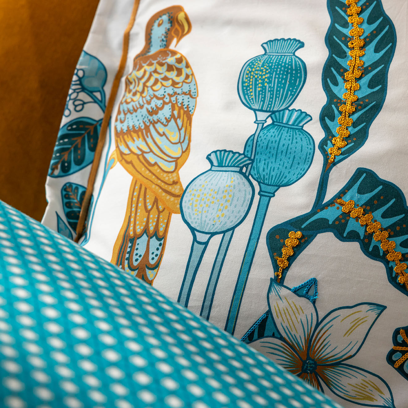 Perle de Coton Taie d'oreiller en Percale de Coton Kinston blanc/turquoise