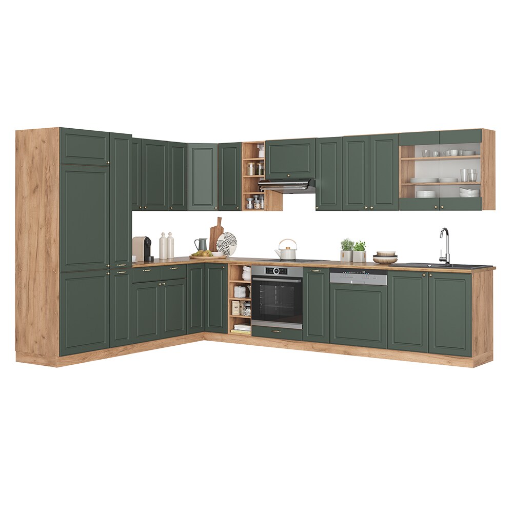 Vicco Eckküche Küchenzeile Einbauküche Fame-Line Landhaus Eiche Grün Gold 257x347 Spülenunterschrank Unterschrank Herdumbauschrank Hängeschrank Kühlumbauschrank Apothekerhochschrank Blende