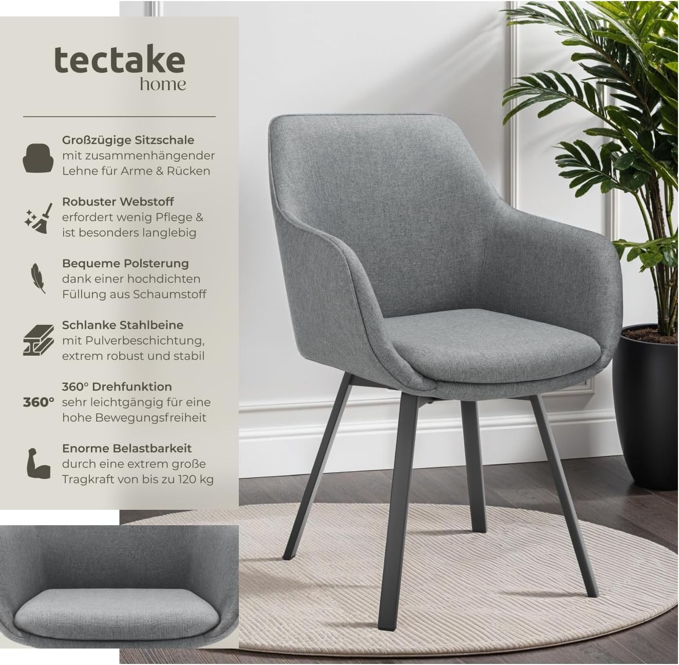 tectake® 6er Set Stuhl drehbar, Esszimmerstühle mit Armlehne, Küchenstühle, Stühle Esszimmer, Drehstühle für Dining Lounge, Esstisch, Schminktisch, Armlehnstuhl, Esszimmermöbel - anthrazit