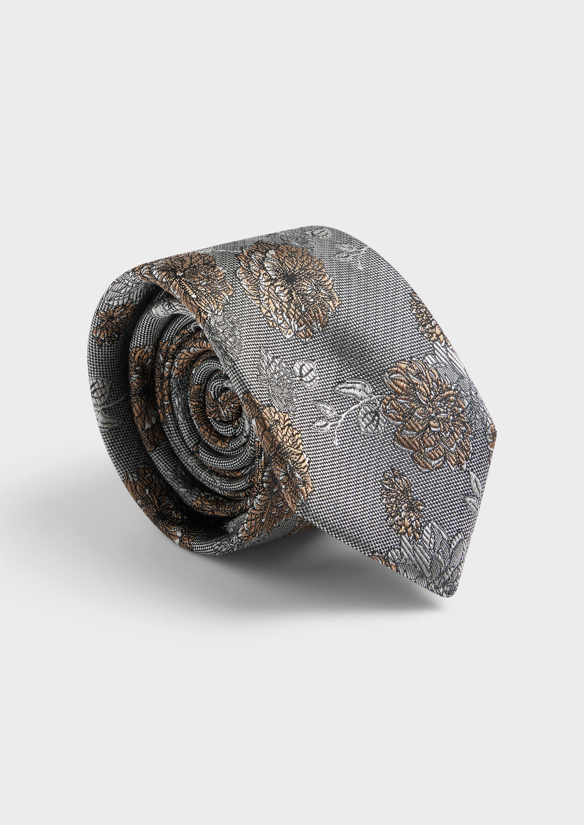 Cravate large en soie mélangée grise à motif fleuri taupe