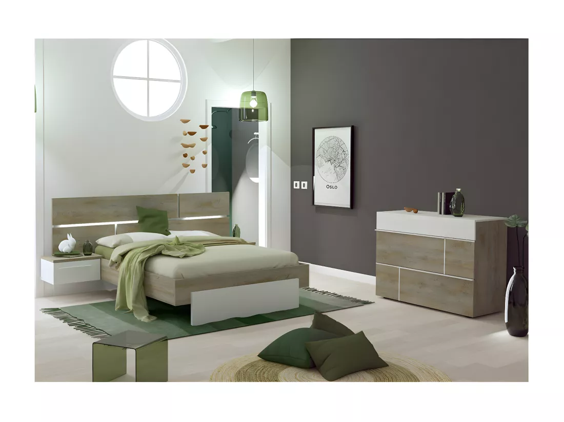 NINO LIGHT - Lit 180x200cm avec Leds et Chevets Suspendus + Commode