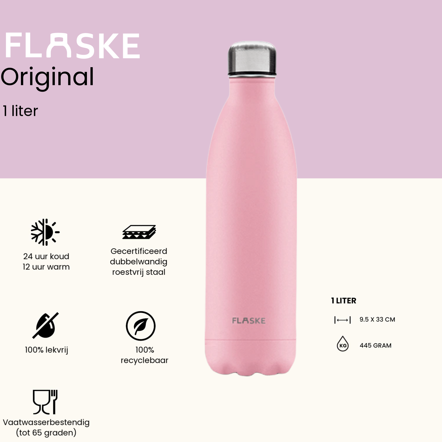 Flaske 1 liter  rvs drinkfles - flower