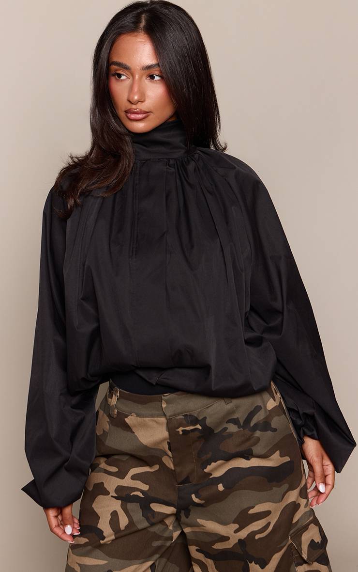 Noir Veste Coupe-vent Petite À Col Plissé Et Ourlet Élastiqué