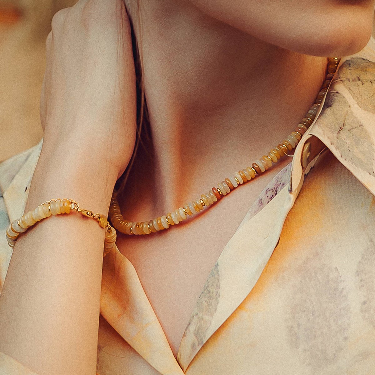 Collier, bracelet et boucles d'oreilles Blima en pierres Jade jaune