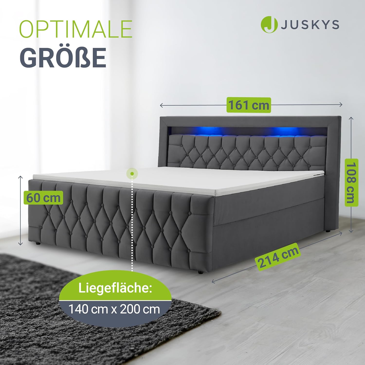 Juskys Boxspringbett Leona 140x200 cm - Bett mit LED Beleuchtung, Topper & H4 Federkern Matratzen - Einzelbett Grau mit Samt und Steppung