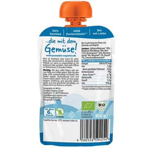 Pumpkin Organics - Bio Gemüse-Getreide-Quetschie Süßkartoffel, Birne, Blaubeere, Reis